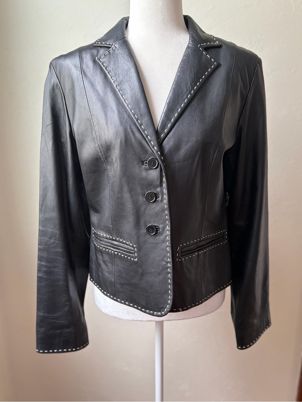 Andrea Viccaro Black Genuine Leather Blazer Jacket White Whipstitch L